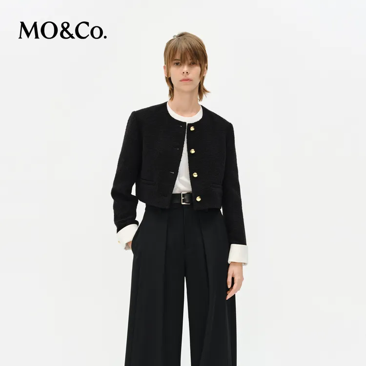 MOCO外套2025春新品撞色粗花呢箱型短款拼接翻折袖口MBE1COTT01