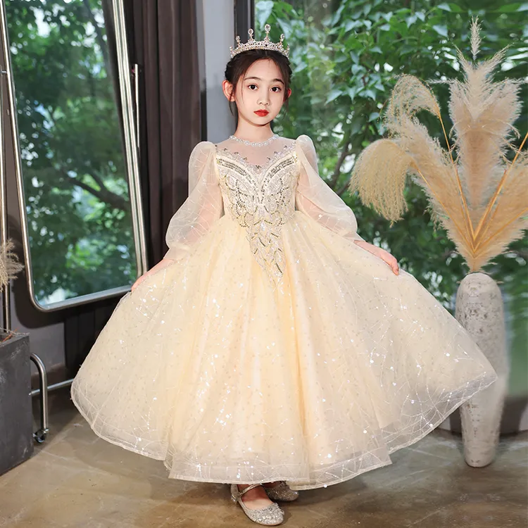 99218WX女童礼服春秋公主裙蓬蓬裙花童婚纱走秀主持人网袖连衣裙