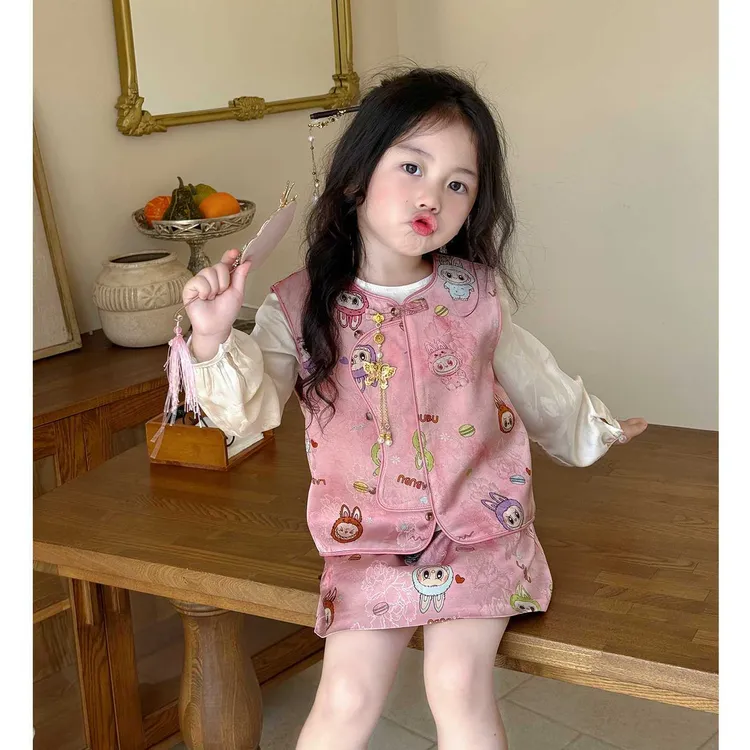 汉服女童拉布布改良马甲半身裙秋装儿童小女孩粉色新中式坎肩国风