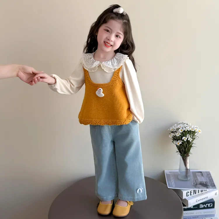 女童秋装套装2025新款儿童时髦可爱马甲牛仔裤洋气宝宝韩系三件套