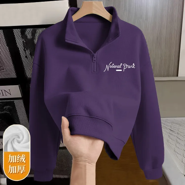 华棉翻领字母印花简约别致加绒加厚大码减龄外套女半拉链短款卫衣