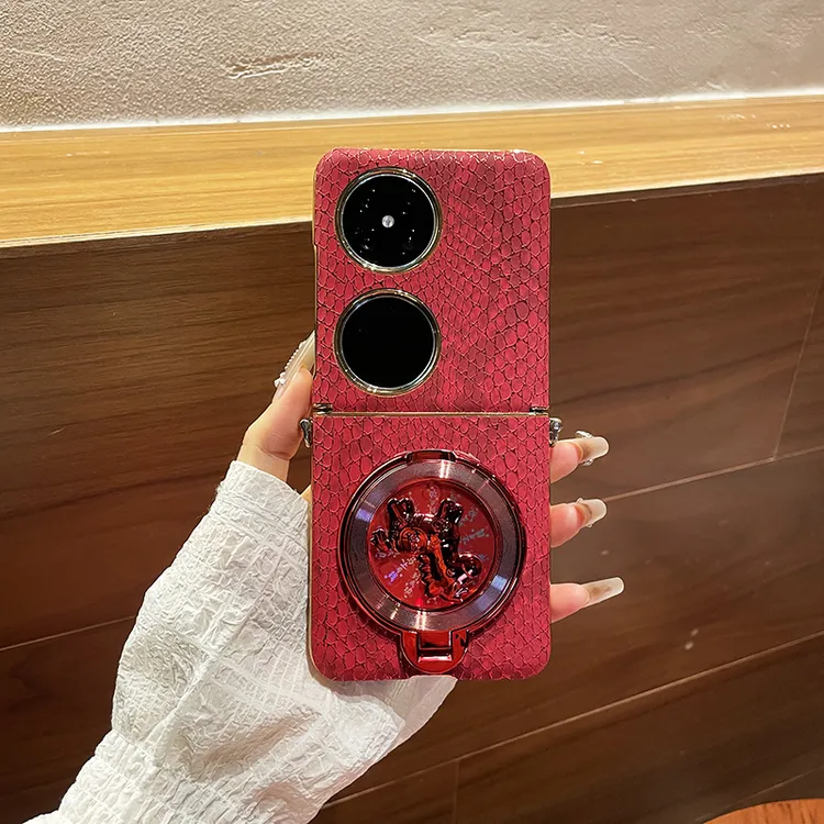 适用华为pocket2手机壳电镀鳄鱼纹红色旋转马pocketS皮套潮流外壳