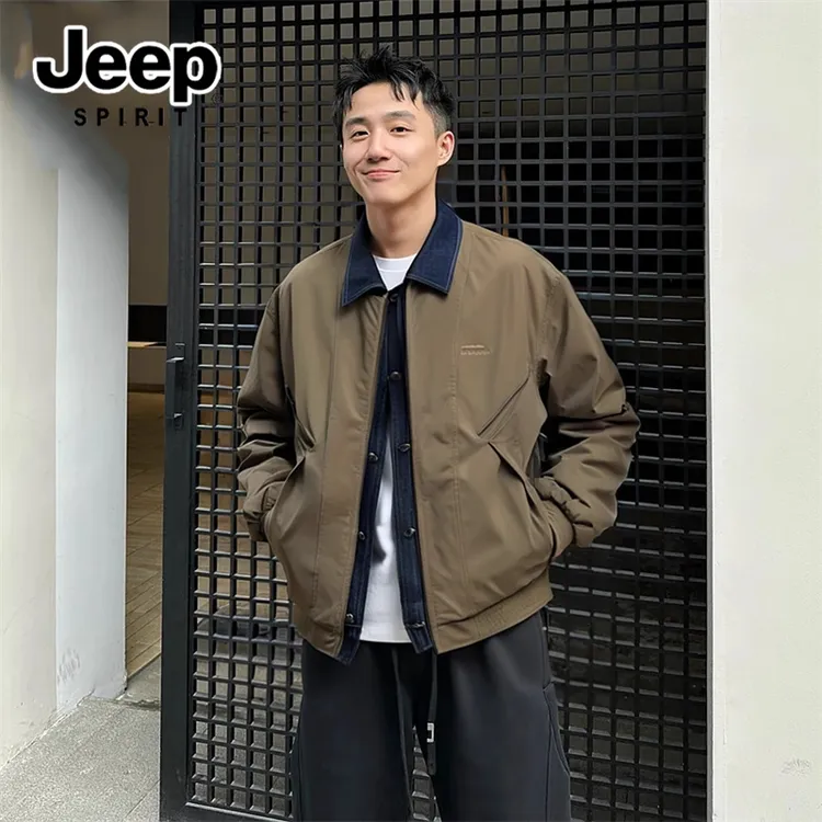 吉普春季新款男士翻领拼接假两件潮流外套高级感美式轻奢痞帅男装