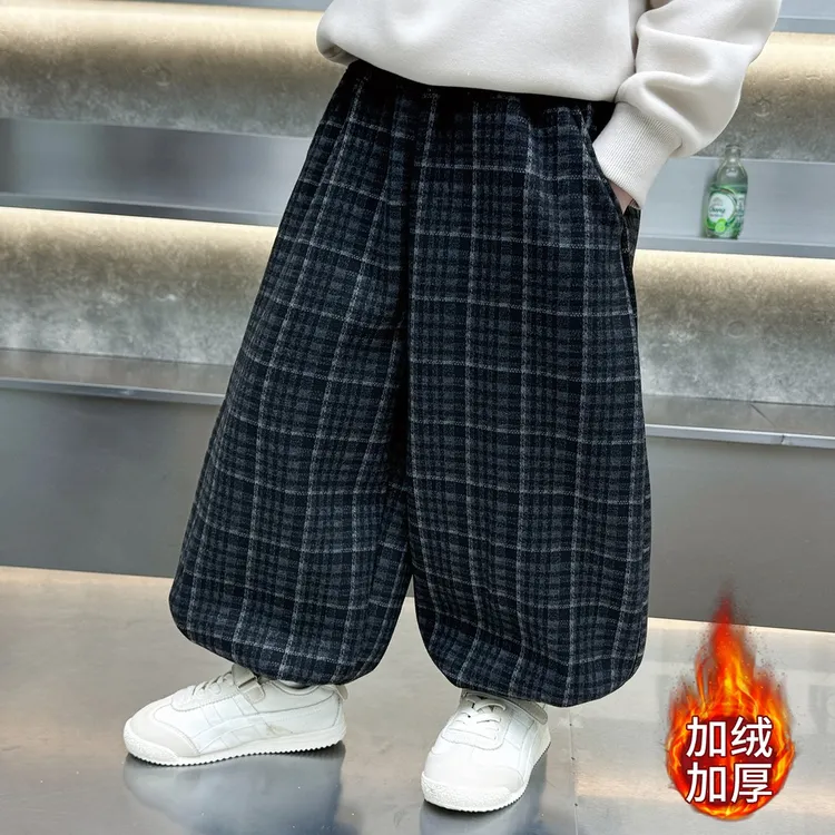 男童加绒裤子2025新款小男孩休闲裤儿童加厚格子裤宝宝冬装长裤潮