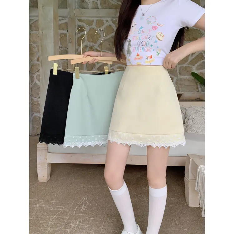 清2025夏季款胖mm大码甜美温柔风蕾丝花边半身裙高腰A字短裙64960