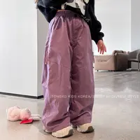 潼小乖定制女童中大童薄绒休闲裤子紫色多口袋工装裤纯色5K015