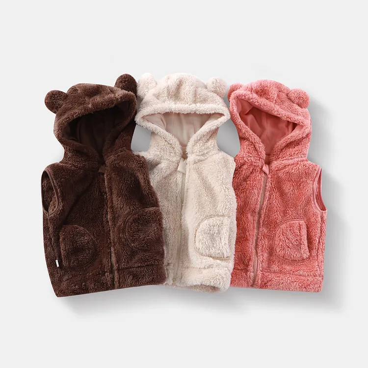 儿童无袖马甲纯色秋冬新款可爱小熊宝宝带帽毛绒外出家居服小外套