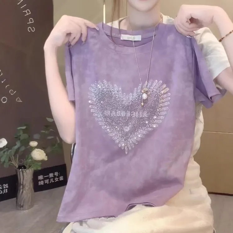 大码高级感紫色扎染短袖女夏季胖MM显瘦时尚宽松爱心烫钻上衣t恤