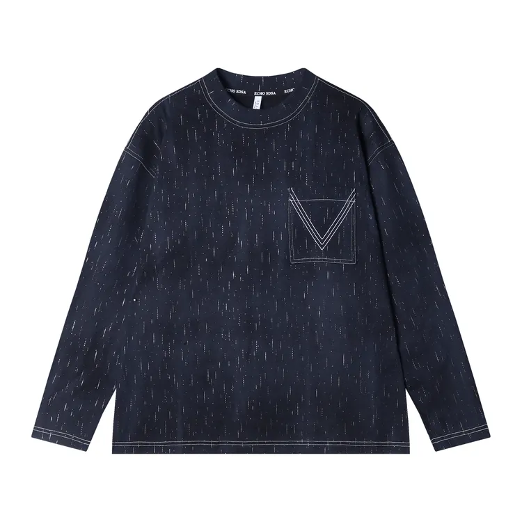 T2201早春新款时尚个性韩版虚线亮闪圆领长袖T恤百搭小众设计上衣