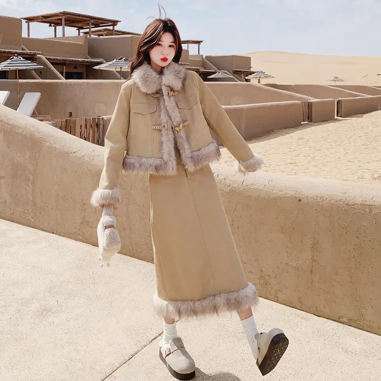 大方得体穿搭一整套女冬装超好看毛绒拼接小香风外套半身裙两件套