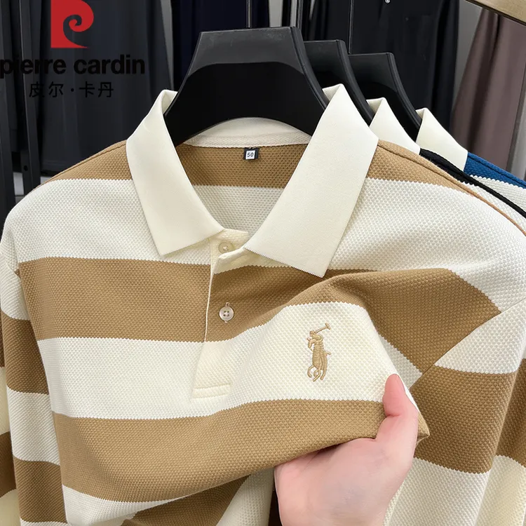 皮尔卡丹短袖纯棉条纹POLO衫男春季新款T恤男士宽松休闲刺绣上衣
