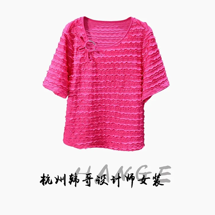 【韩哥女装】夏季玫红色波浪褶休闲短袖T恤9796