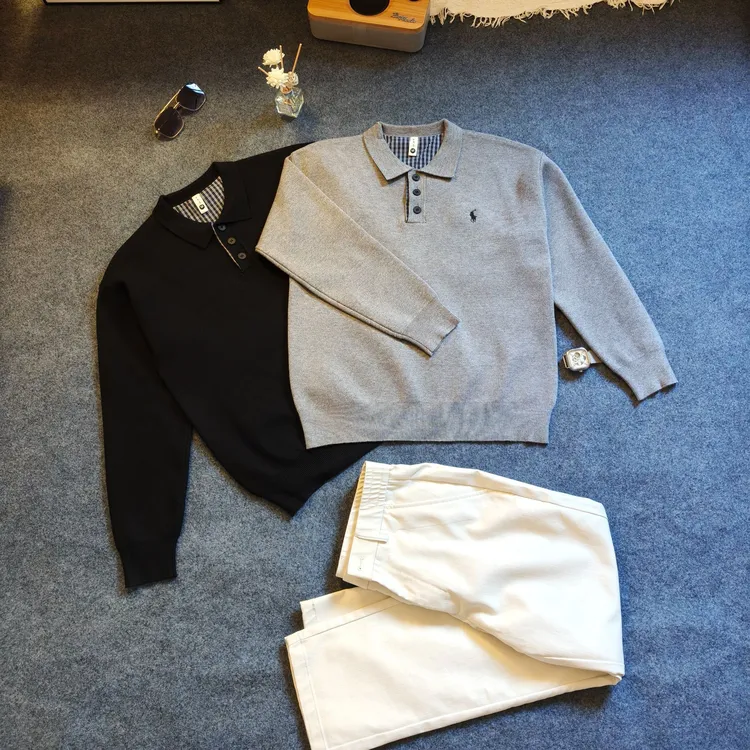 骑士刺绣毛针织衫假两件翻领纯色休闲老钱风polo上衣百搭T恤