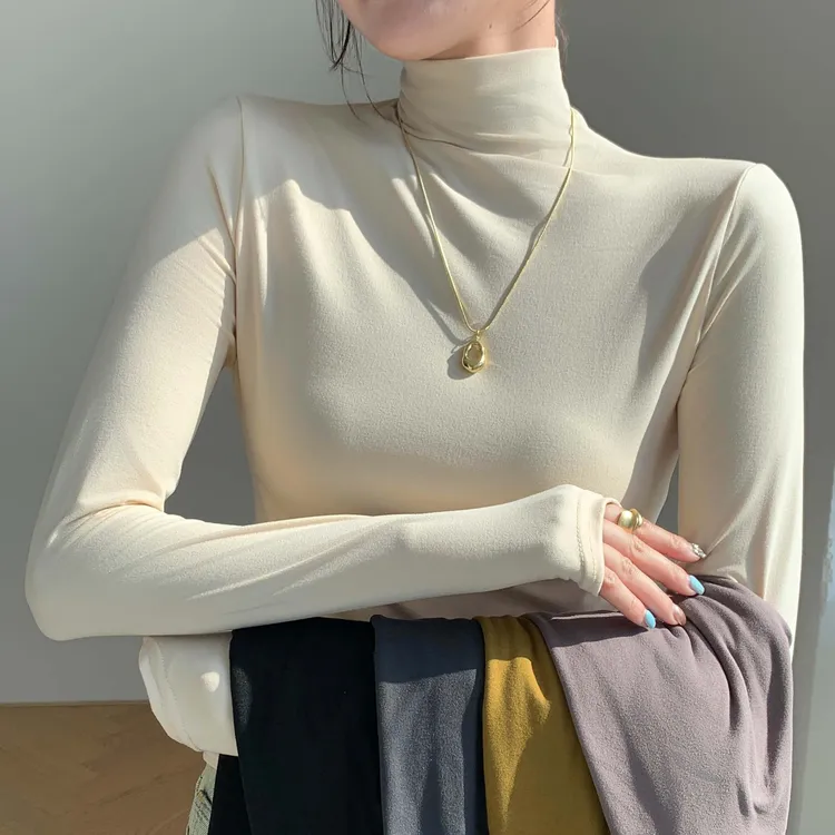 半高领面膜衫女内搭秋冬磨毛打底衫修身保暖外穿长袖T恤上衣