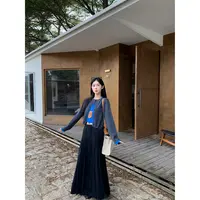 早秋新款高级设计感拼接假两件针织开衫女高腰宽松百褶半身裙套装