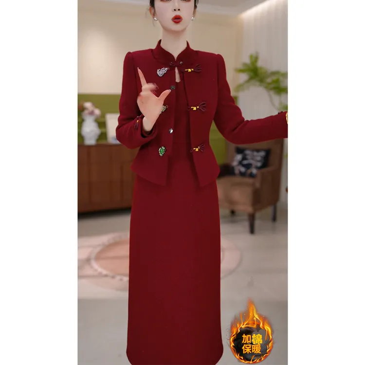 秋冬加厚中国风两件套妈妈红色连衣裙女装气质显瘦高级感轻奢裙子