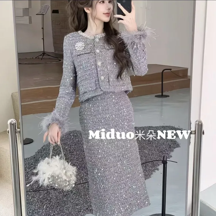 秋冬新款新年战袍名媛气质宴会高级重工加厚小香风外套半身裙套装