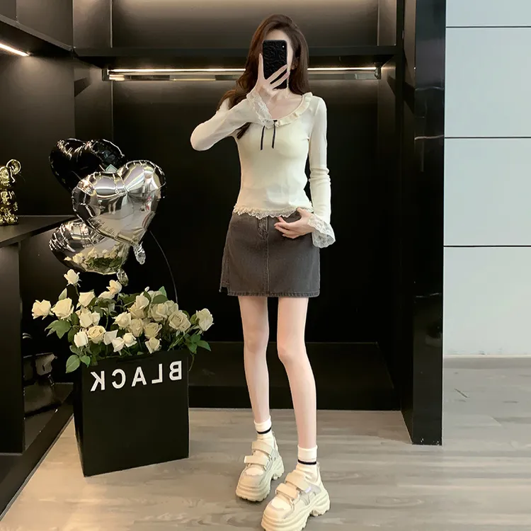 蝴蝶结淑女风温柔系针织衫气质性感短款小个子牛仔高腰牛仔短裙潮