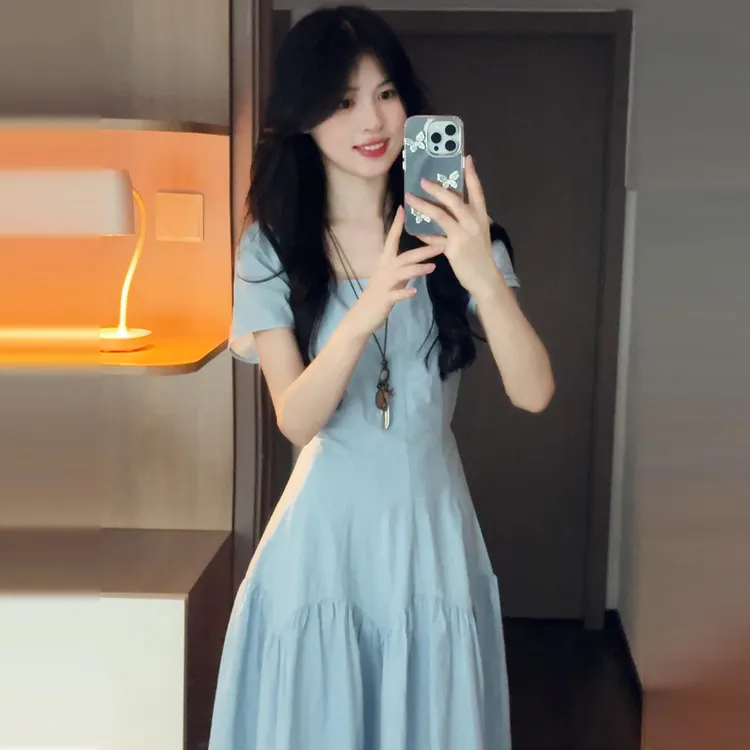巨好看小裙子简单大方得体连衣裙夏季2025新款女微胖掐腰长裙5677