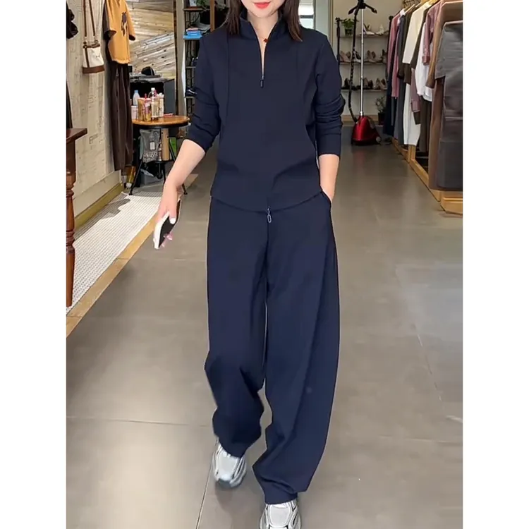 2025春秋季新款女士时尚休闲套装高级感立领卫衣高腰阔腿裤两件套