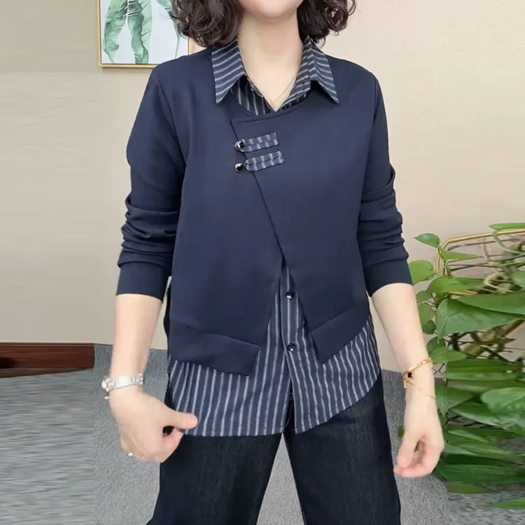 2025秋季新款气质翻领女士时尚假两件休闲风拼接显瘦洋气长袖衬衫