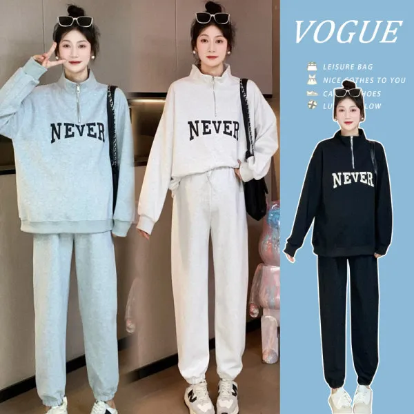 孕妇装2025早秋新款韩版宽松显瘦两穿拉链胸前字母卫衣套装棉奶杏