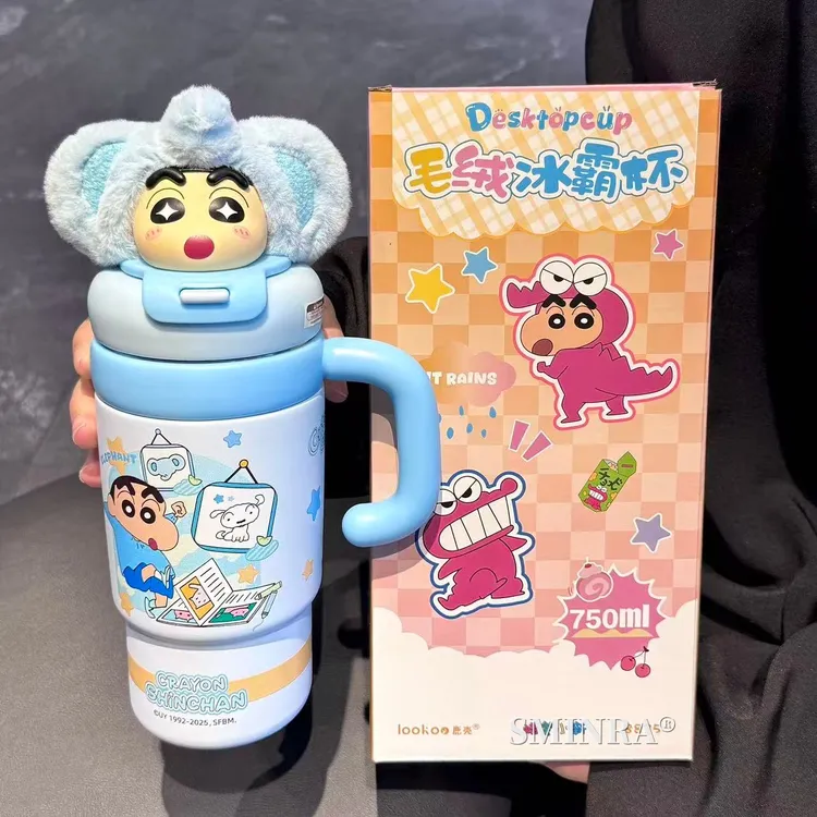 蜡笔小新毛绒保温杯女生高颜值大容量水杯冰霸杯学生可爱吸管杯子