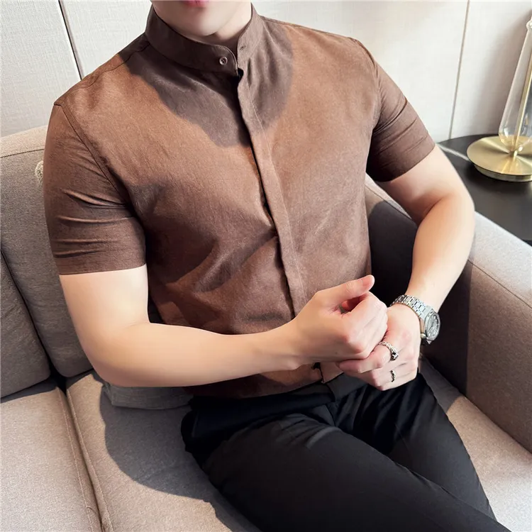 新中式立领衬衫男士短袖夏季2025新款麻油丝面料男装衬衣质感痞帅