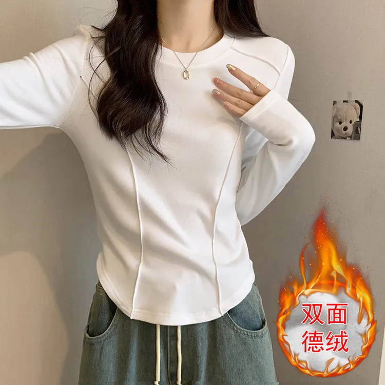 正肩长袖德绒打底衫女春秋冬新款设计感修身辣妹鱼骨内搭t恤上衣