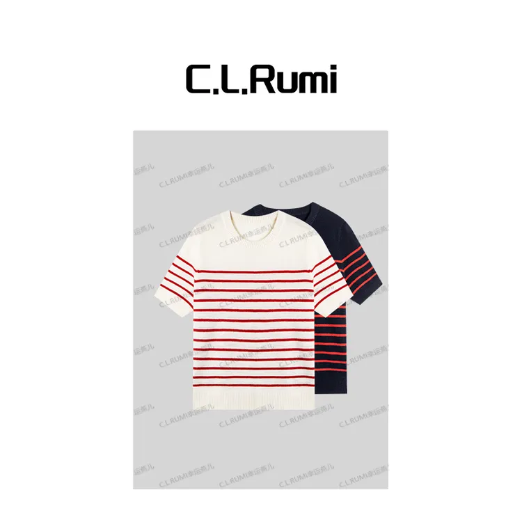 【Rumi时装】“絮语”25早秋羊毛软糯显瘦条纹圆领短袖针织上衣7108sy