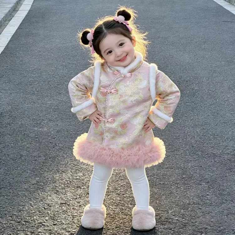 女童加绒中式连衣裙唐装新款国风儿童加厚拜年服宝宝汉服周岁洋气