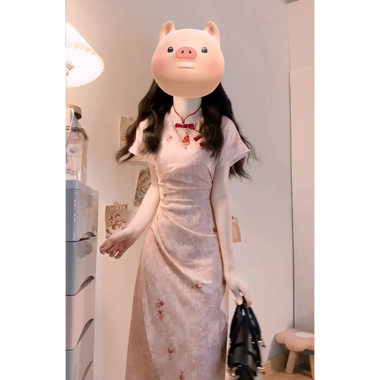 设计感立领连衣裙女2025夏季新款新中式盘扣收腰短袖碎花旗袍裙子