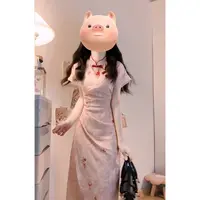 A1500#设计感立领连衣裙女夏季新中式盘扣收腰短袖碎花旗袍裙子