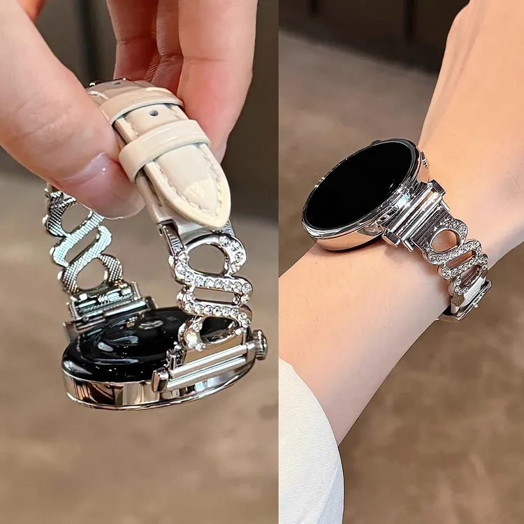 适用华为新款S扣镶钻金属拼皮质gt5手表表带gt3watch4GT4GT5pro41