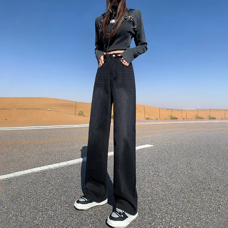 黑灰高腰窄版阔腿牛仔裤女秋季2025新款宽松垂感直筒拖地裤子百搭
