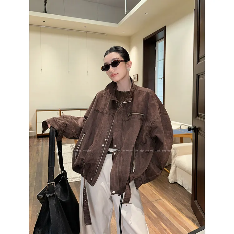 JCCC影子【风沙之间】咖色复古工装风短款PU夹克外套JE5GPW12