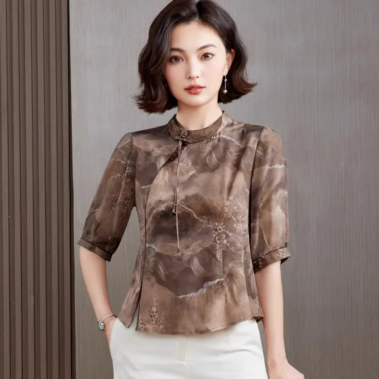 高档真丝国风短袖上衣女2025夏季新款中老年小衫妈妈装桑蚕丝衬衫