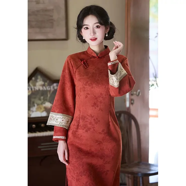 青黛红色长袖旗袍2025秋季新款中式改良倒大袖年轻文艺复古连衣裙