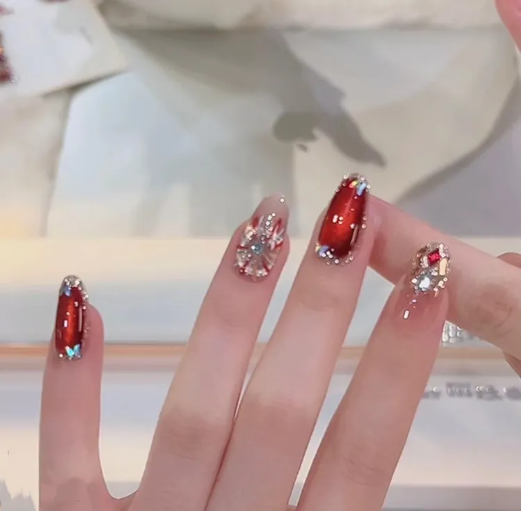 【告白烟火】纯手工穿戴甲红色猫眼手绘烟花高级显白纯手作美甲片