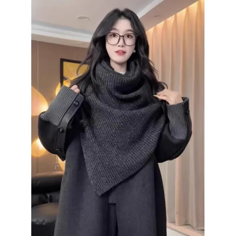 法式纯色高领披肩设计感针织衫显瘦不规则毛衣慵懒风上衣春秋百搭