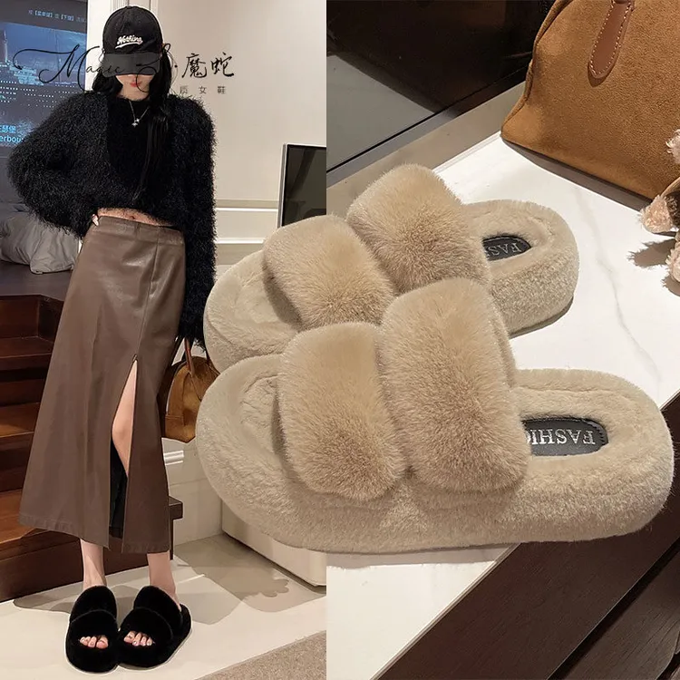【万达撤柜】厚底高级感毛毛拖鞋女外穿秋冬复古时尚毛茸茸一字棉拖