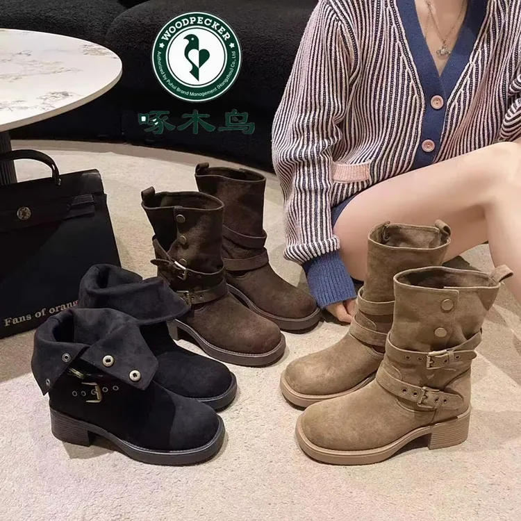 啄木鸟马丁靴女2025秋冬款方头粗跟短靴显瘦美拉德复古网红堆堆靴