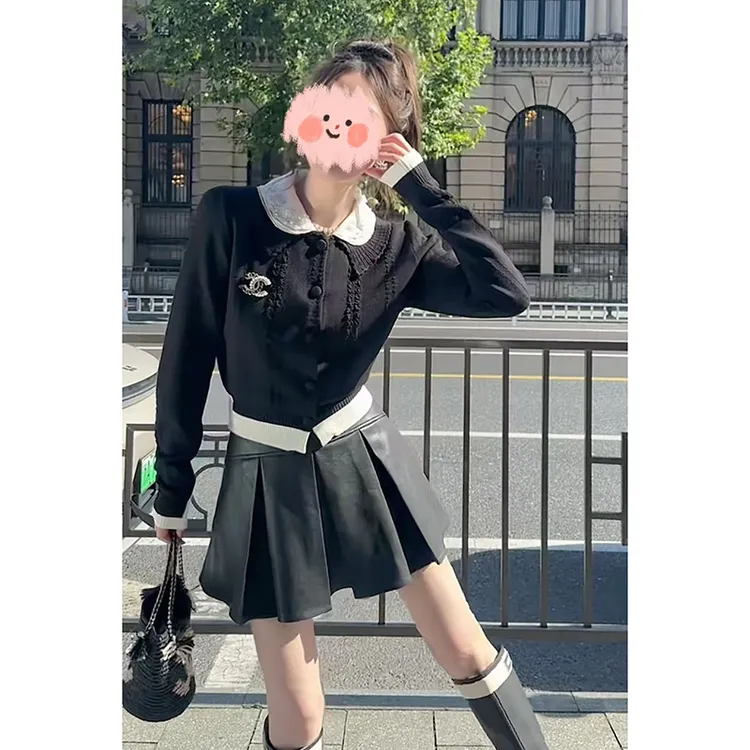 【云端织梦】秋季刺绣拼接撞色针织开衫高腰百褶显瘦通勤皮裙套装