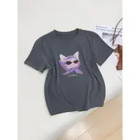 韩版百搭减龄猫猫印花短袖秋款休闲舒适打底衫