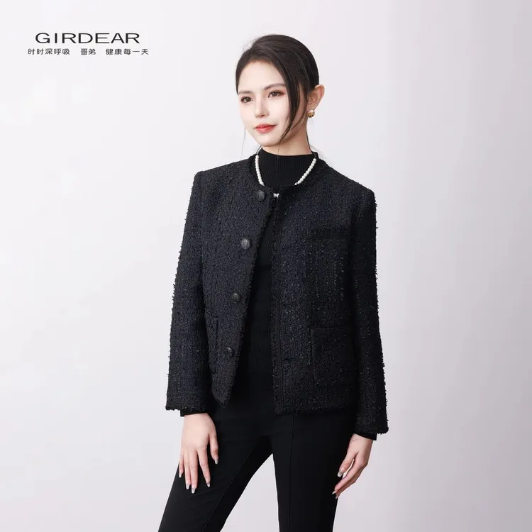 GIRDEAR/哥弟2025春秋轻奢高端优雅圆领显瘦小花边显瘦小香外套