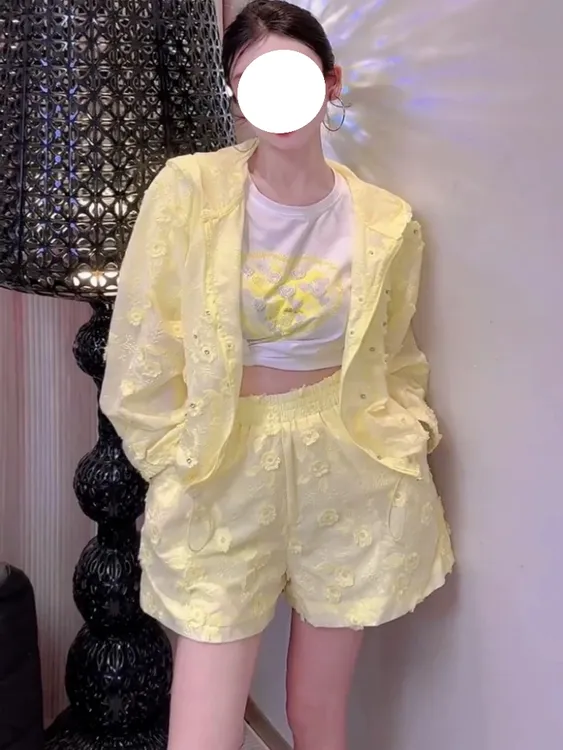 米欧定制夏季重工立体刺绣花朵连帽长袖衬衫宽松休闲衬衣短裤套装