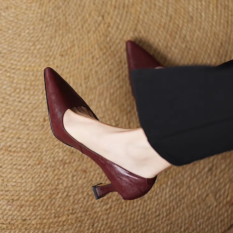 头层羊皮！法式复古高跟鞋女2025年新款尖头粗跟气质单鞋女真皮