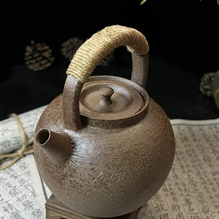 手工刻字原矿田泥提梁煮水壶家用烧水壶养生壶围炉煮茶