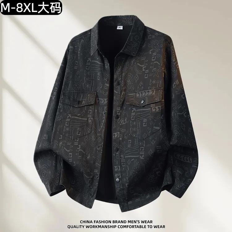 时尚印花美式复古男士豹纹衬衫休闲长袖牛仔衬衣翻领大码男男士