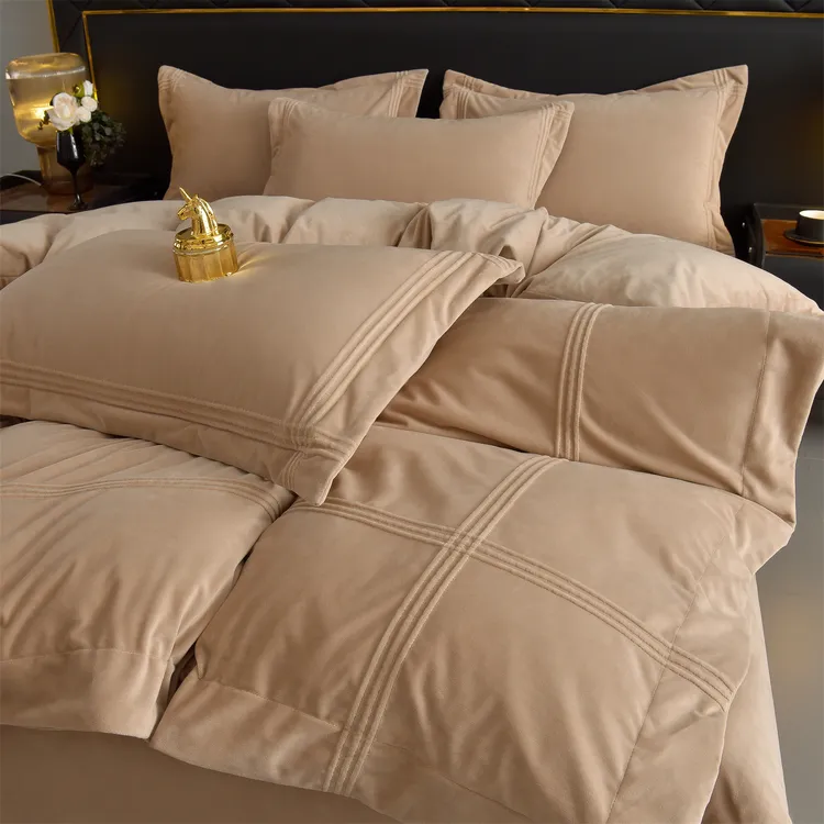 A类婴儿绒加厚牛奶绒埋线烂花款四件套纯色简约绒被套-奈斯系列